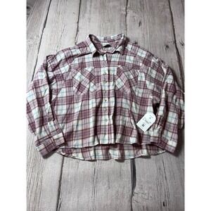 Arula Plaid Button Down Shirt Women 1X‎ Pink Cropped Long Sleeve MTP9317P-AU